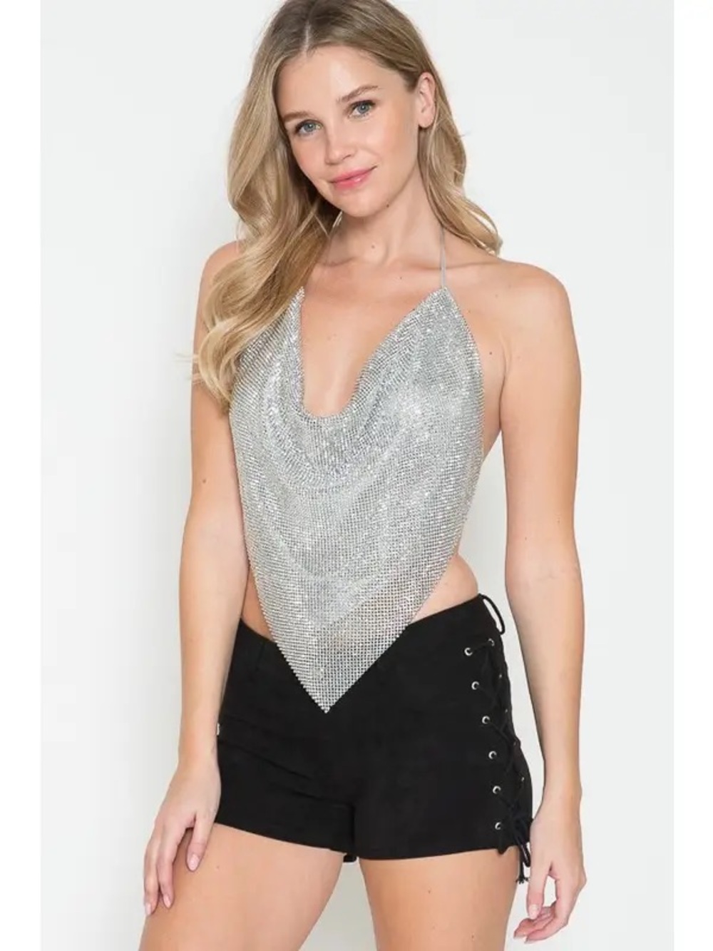 ◾️NEW! Akira Shimmering Halter Crop Top - Sleek Party Top